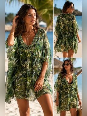 Nisha Creations Green yellow semi sheer chiffon beaded beach cover up blouse
